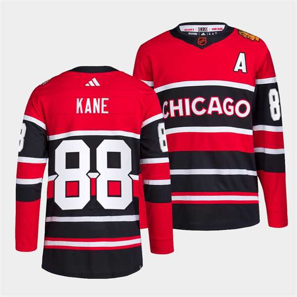 Men's Chicago Blackhawks #88 Patrick Kane Red Black 2022 Reverse Retro Stitched Jersey Dzhi